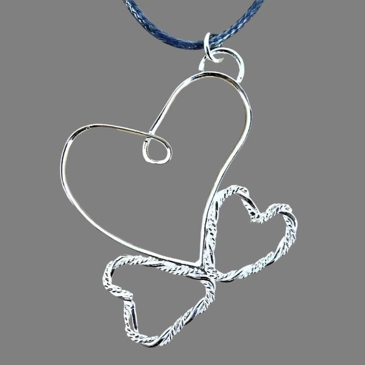 Sterling Silver Heart Pendant With Two Twisted Smaller Hearts - Interchangeable Chain - South Florida Boho Boutique