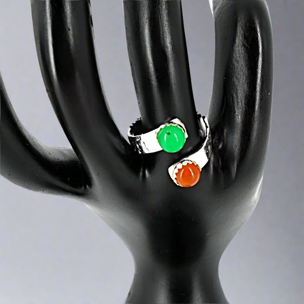 Sterling Silver Chakra Bypass Ring With Green And Orange Cabochon - Adjustable - South Florida Boho Boutique