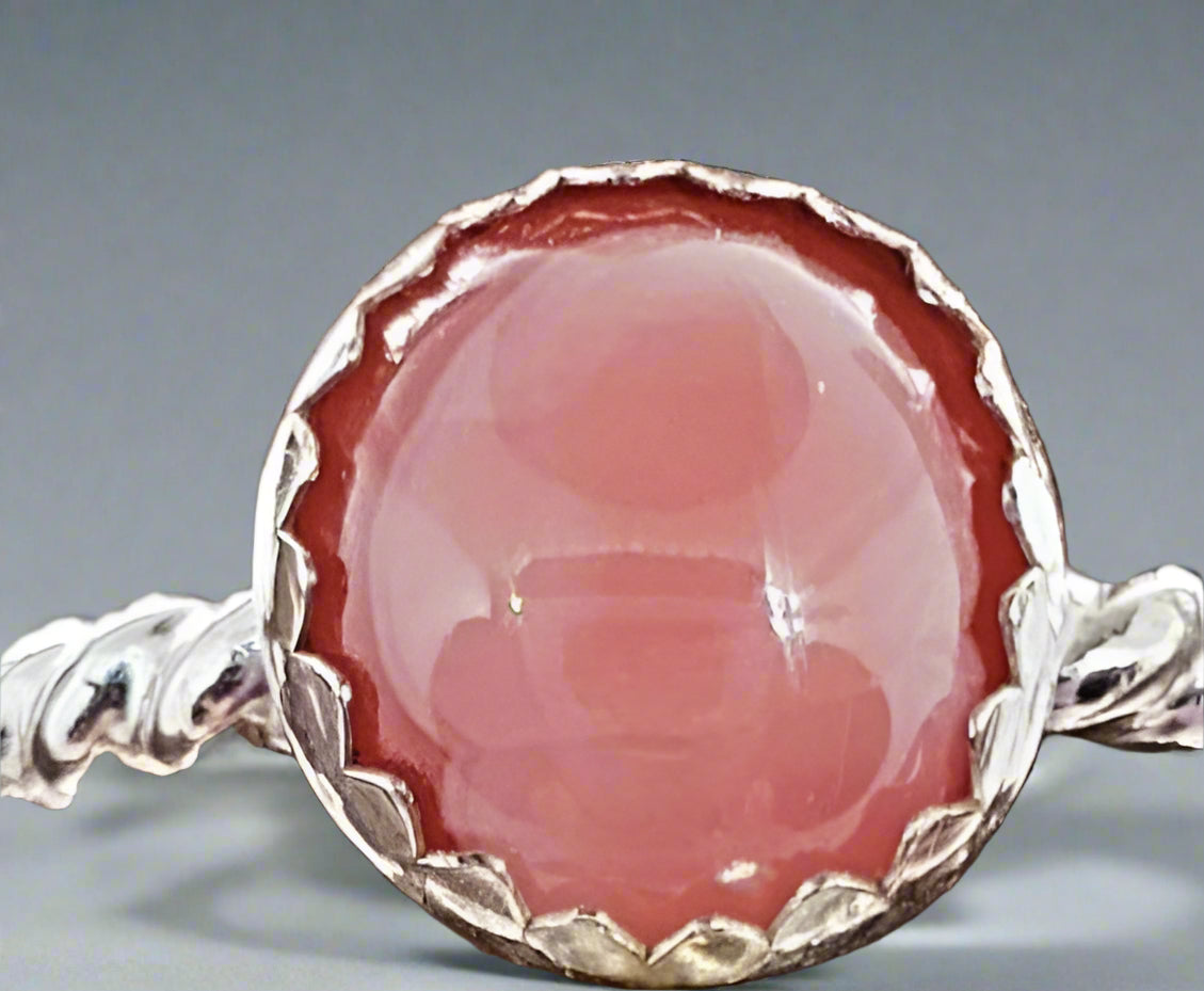 Sterling Silver Twisted Band With Rhodochrosite Cabochon - South Florida Boho Boutique