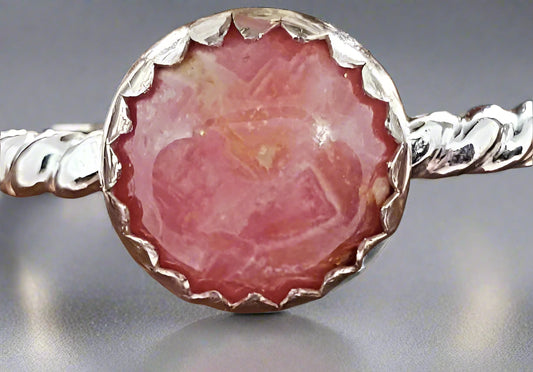 Sterling Silver Twisted Band With Rhodochrosite Cabochon - South Florida Boho Boutique