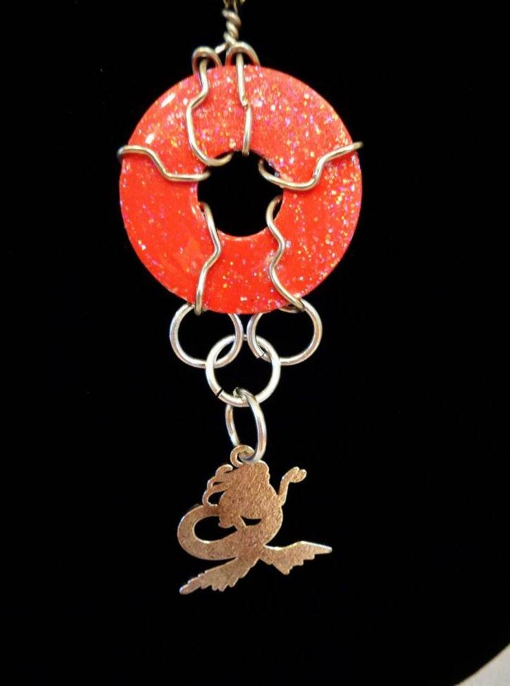 Red, sparkled and glazed mixed Metal Pendant with hanging Mermaid Charm Necklace, wire wrapped - South Florida Boho Boutique