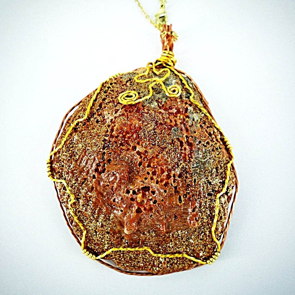 Clam Shell Pendant Copper Encased-Gold Tone Wire Wrapped-Gold Sparkled-Beach Boho - South Florida Boho Boutique