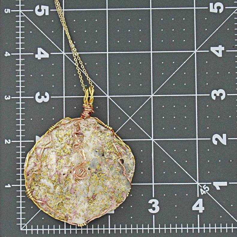 Oyster Shell Pendant-Gold/Copper Wire Wrapped and Glitter glazed-Beach Boho - South Florida Boho Boutique