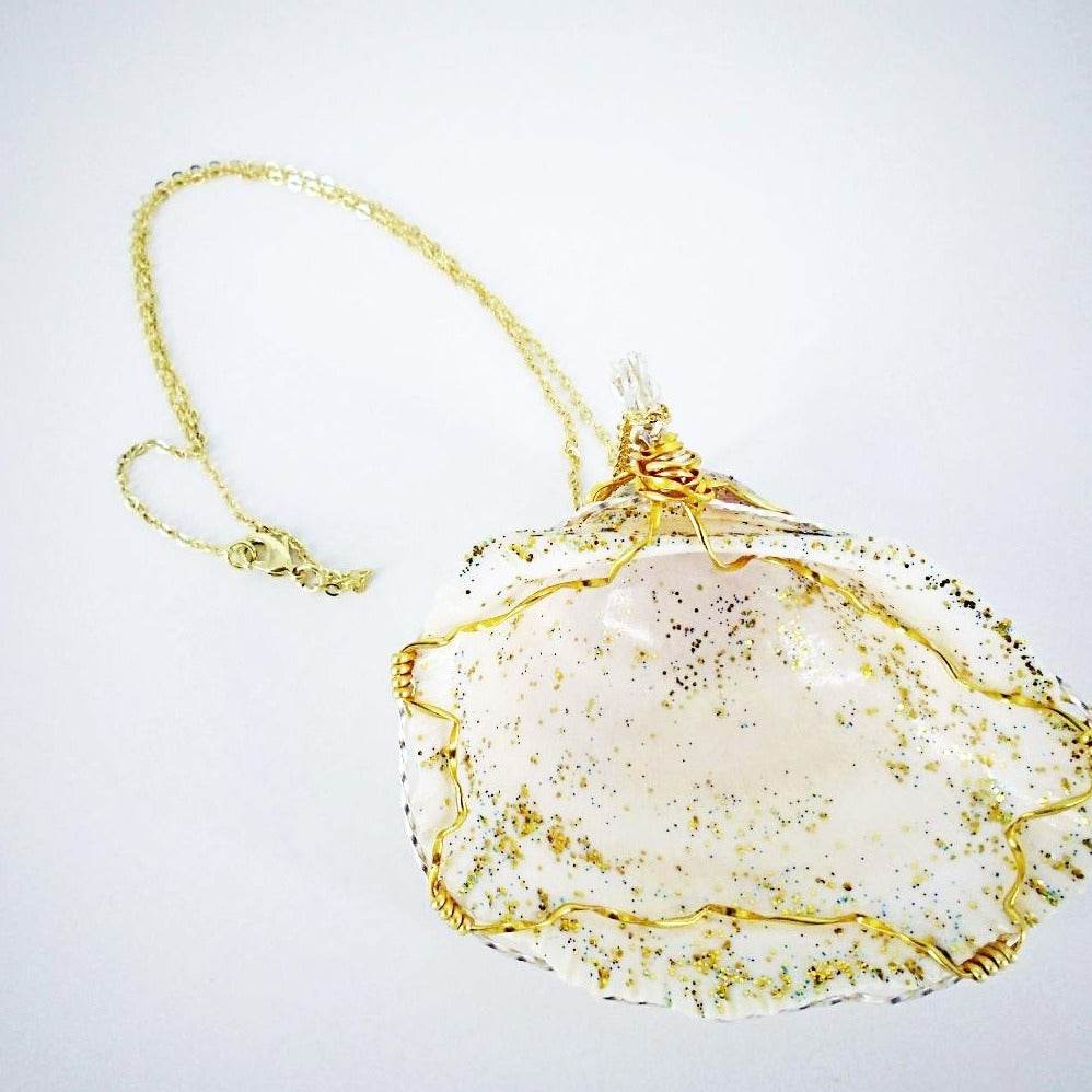 Large Cockle Seashell Pendant-glitter glazed-gold/silver tone wire wrapped-Beach Boho - South Florida Boho Boutique