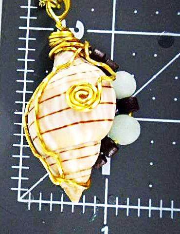 Banded Tulip Seashell Pendant-Green Glass/Brown Wood Beads-Beach-Boho - South Florida Boho Boutique