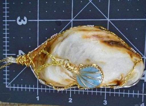 Elongated White-Brown Oyster Shell Pendant-Gold/Turquoise Shell Charm-gold/silver tone wire wrapped - South Florida Boho Boutique