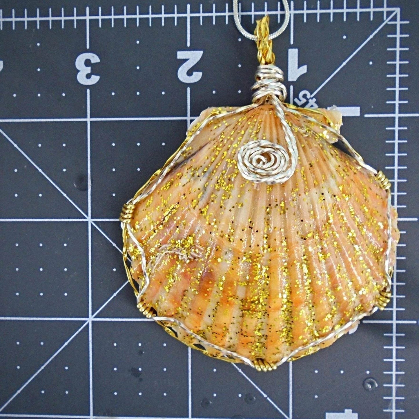 Orange Scallop Shell Pendant-Boho Style-Glitter Glazed Silver/Gold Wire Wrapped And Encased - South Florida Boho Boutique