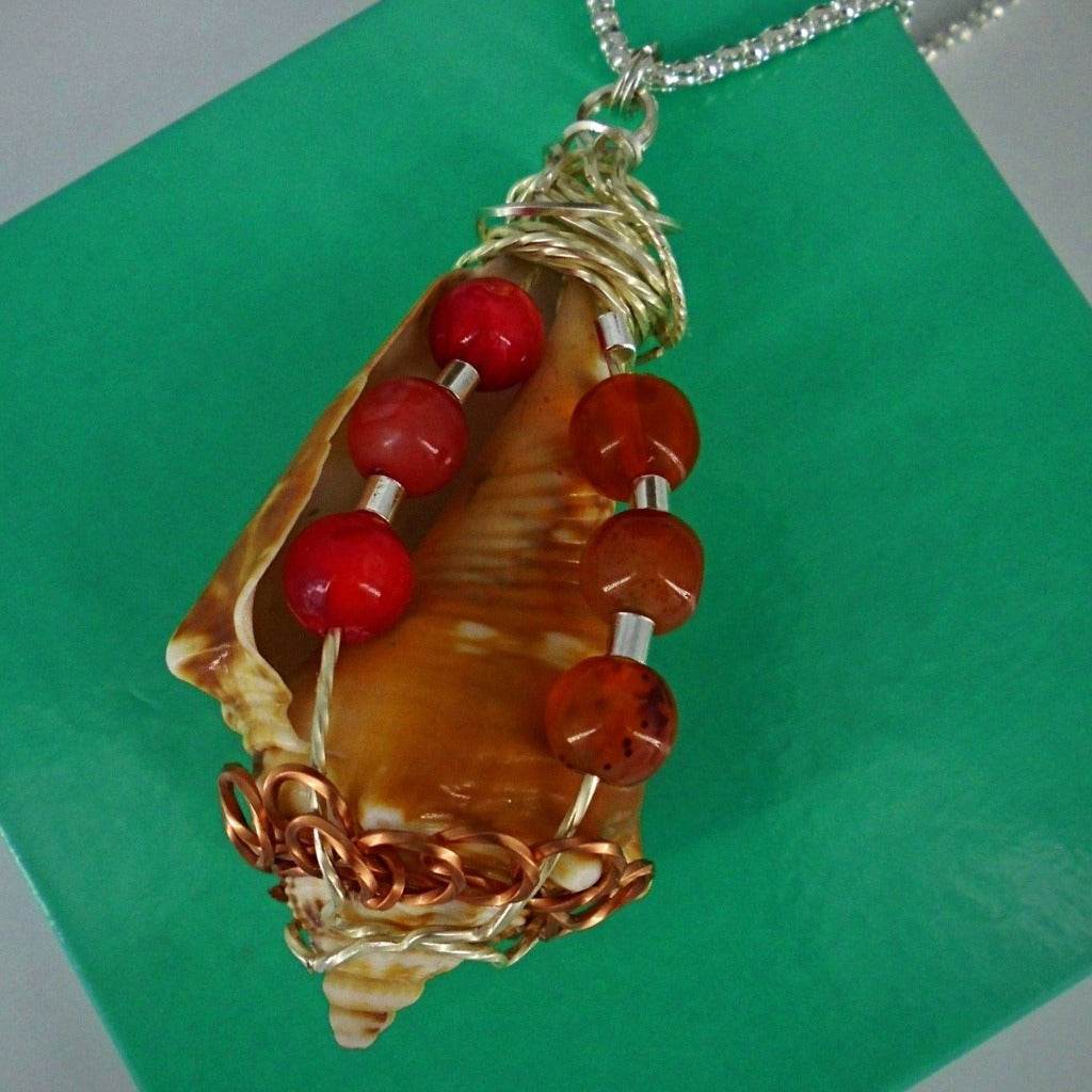 Fighting Conch Shell Pendant-Silver/Copper Wire Wrapped-Coral Glass Beads-Beach Boho - South Florida Boho Boutique