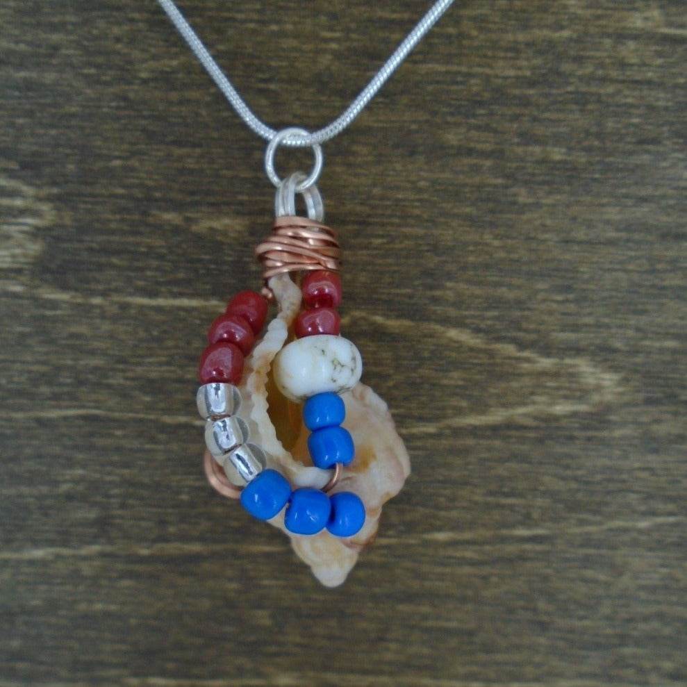 Florida Apple Murex Shell Pendant-Copper Wire Wrapped-Multi Color Glass Beads- USA Beach Boho - South Florida Boho Boutique