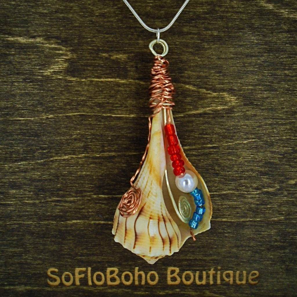 Lightning Whelk Shell Pendant-Multi-Color Glass Beads-Copper/Silver Color Wire Wrapped-USA- Boho - South Florida Boho Boutique