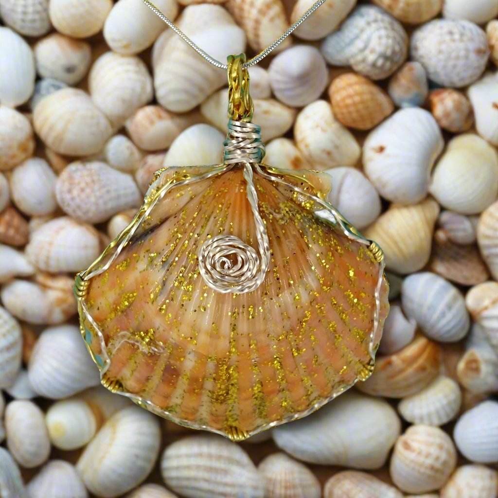 Gold Scallop Shell Pendant – Handmade Beach Necklace on Leather