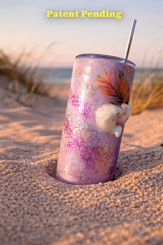 Coastal cowgirl tumbler with real seashells, charms, and feather detail – handmade USA-made insulated drinkware.