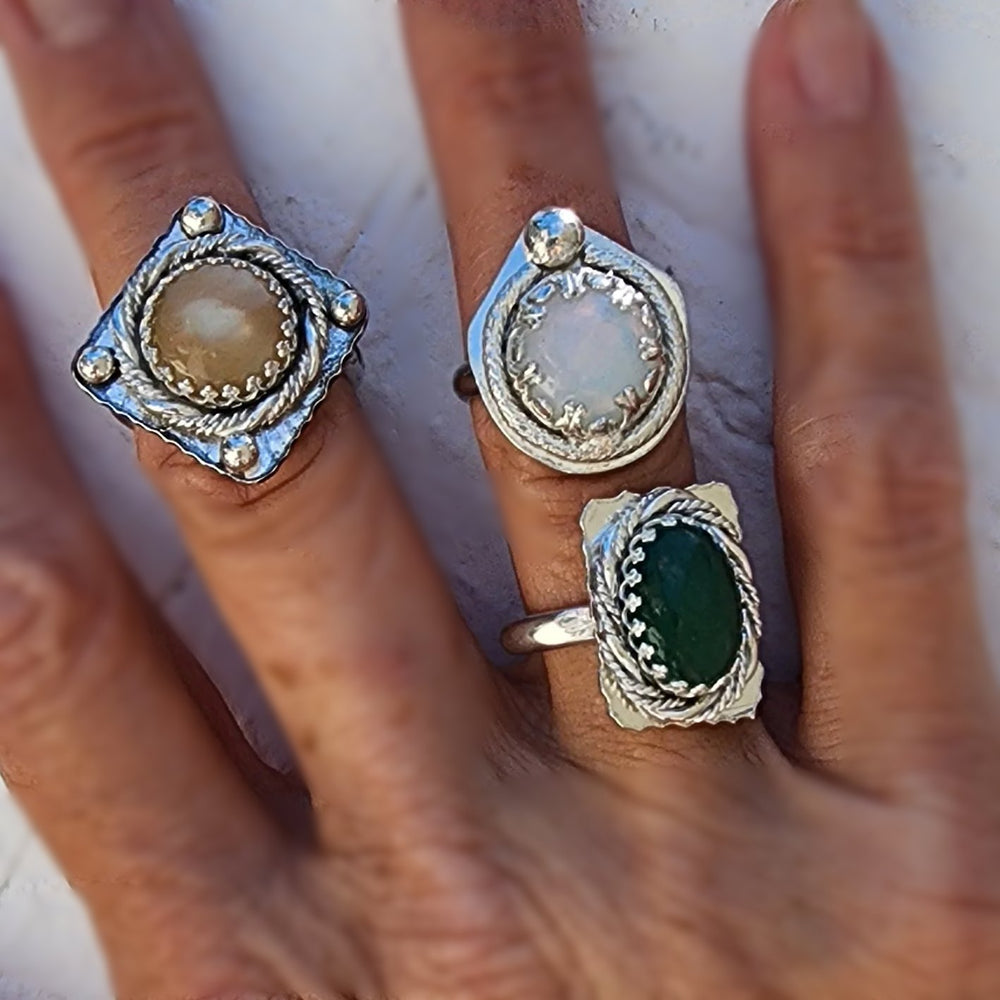 Statement Ring -Green Aventurine Cabochon - Sterling Silver Boho