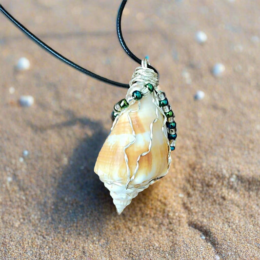 Natural Fighting Conch Seashell Handmade Pendant - Multi-Color Glass Beads & Silver Wire Wrap