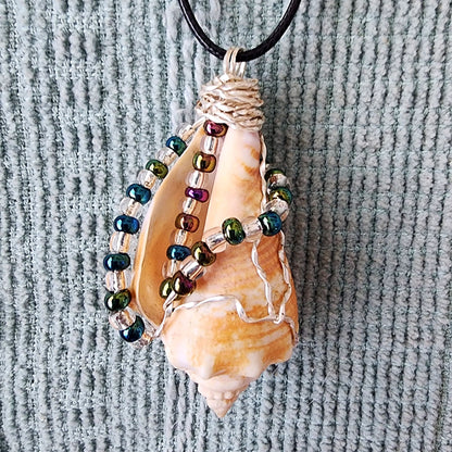 Fighting Conch Shell Pendant, Wire Wrapped - Beach Boho