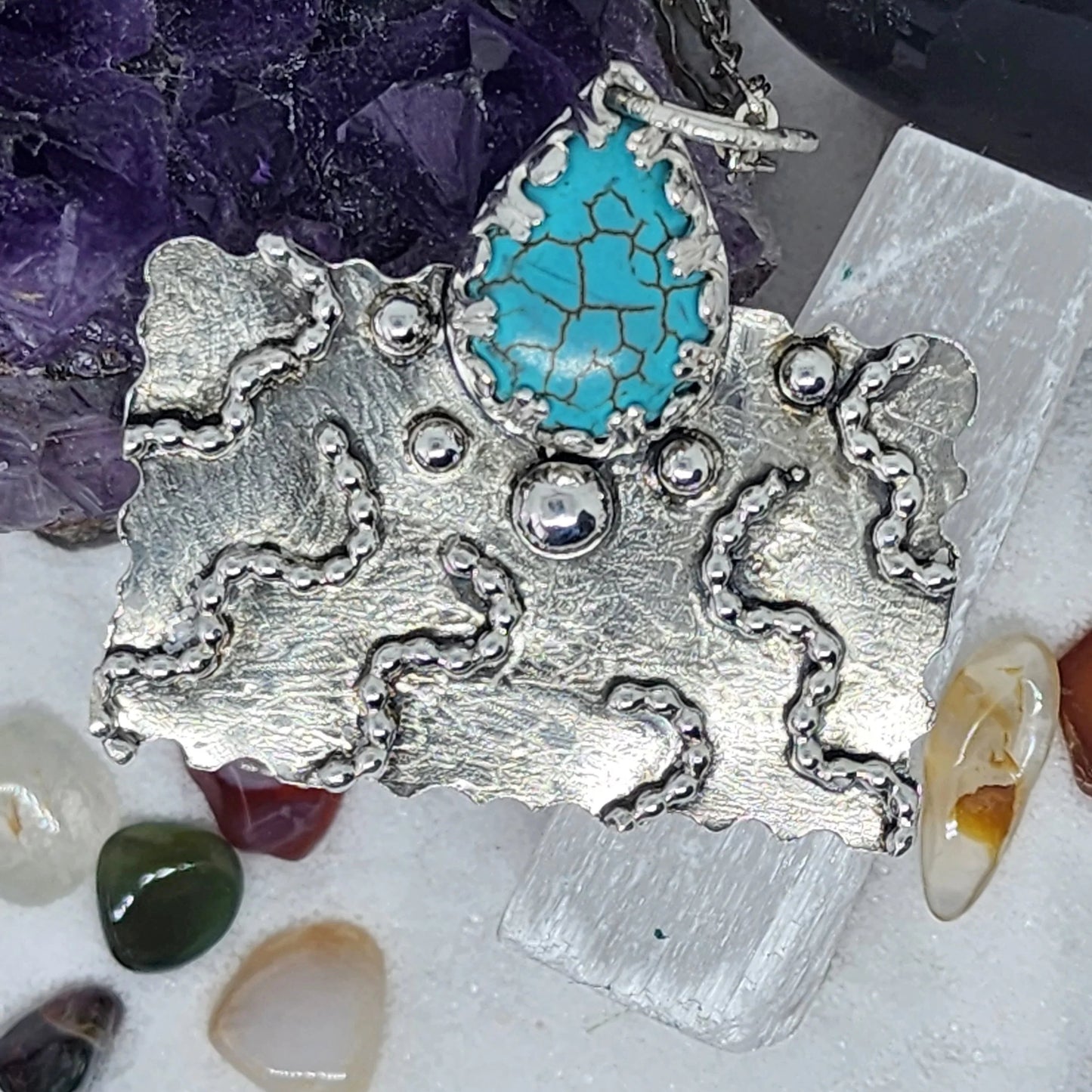 Turquoise Teardrop Howlite Pendant - Sterling Silver Boho Necklace