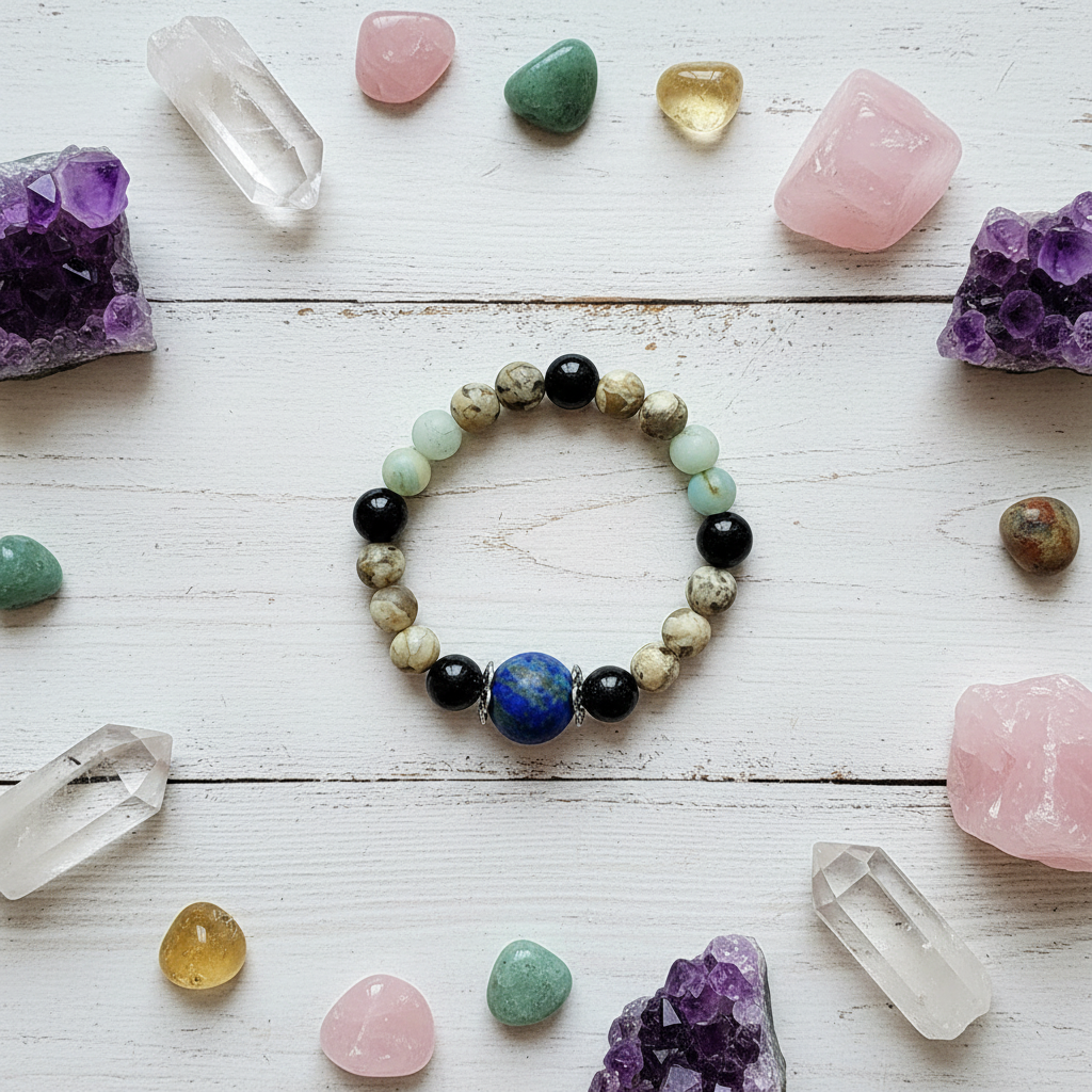Handcrafted Gemstone Stretch Bracelet with Azurite Malachite Centerpiece - Encouragement, Grounding - SoFlo Boho Boutique