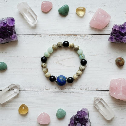 Handcrafted Gemstone Stretch Bracelet with Azurite Malachite Centerpiece - Encouragement, Grounding - SoFlo Boho Boutique