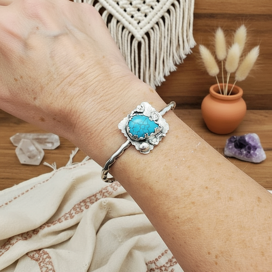 Turquoise Teardrop Howlite -   Handmade Sterling Silver Statement Bracelet Cuff