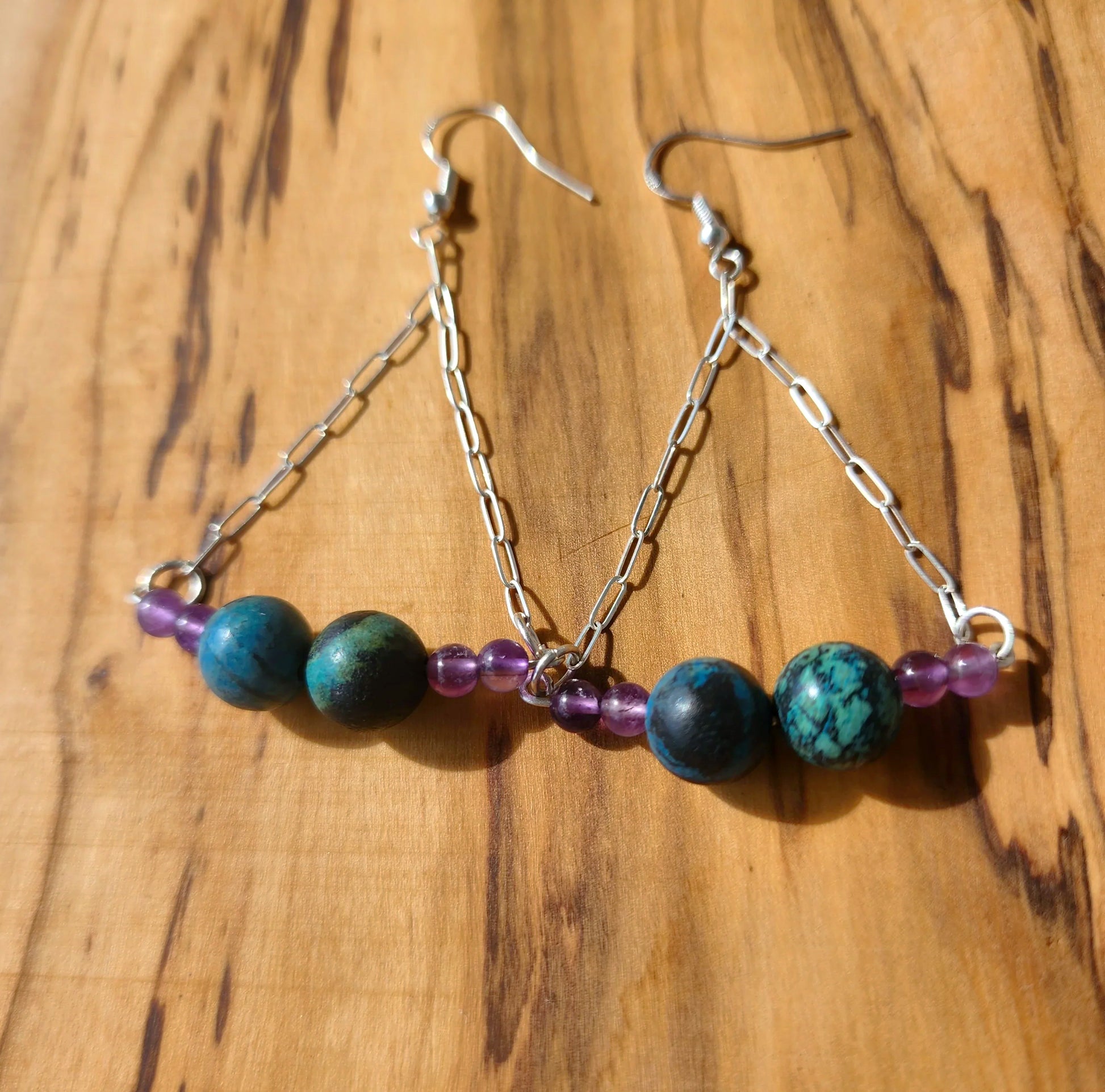 Boho Style Azurite Malachite - Amethyst Earrings - Handmade Jewelry