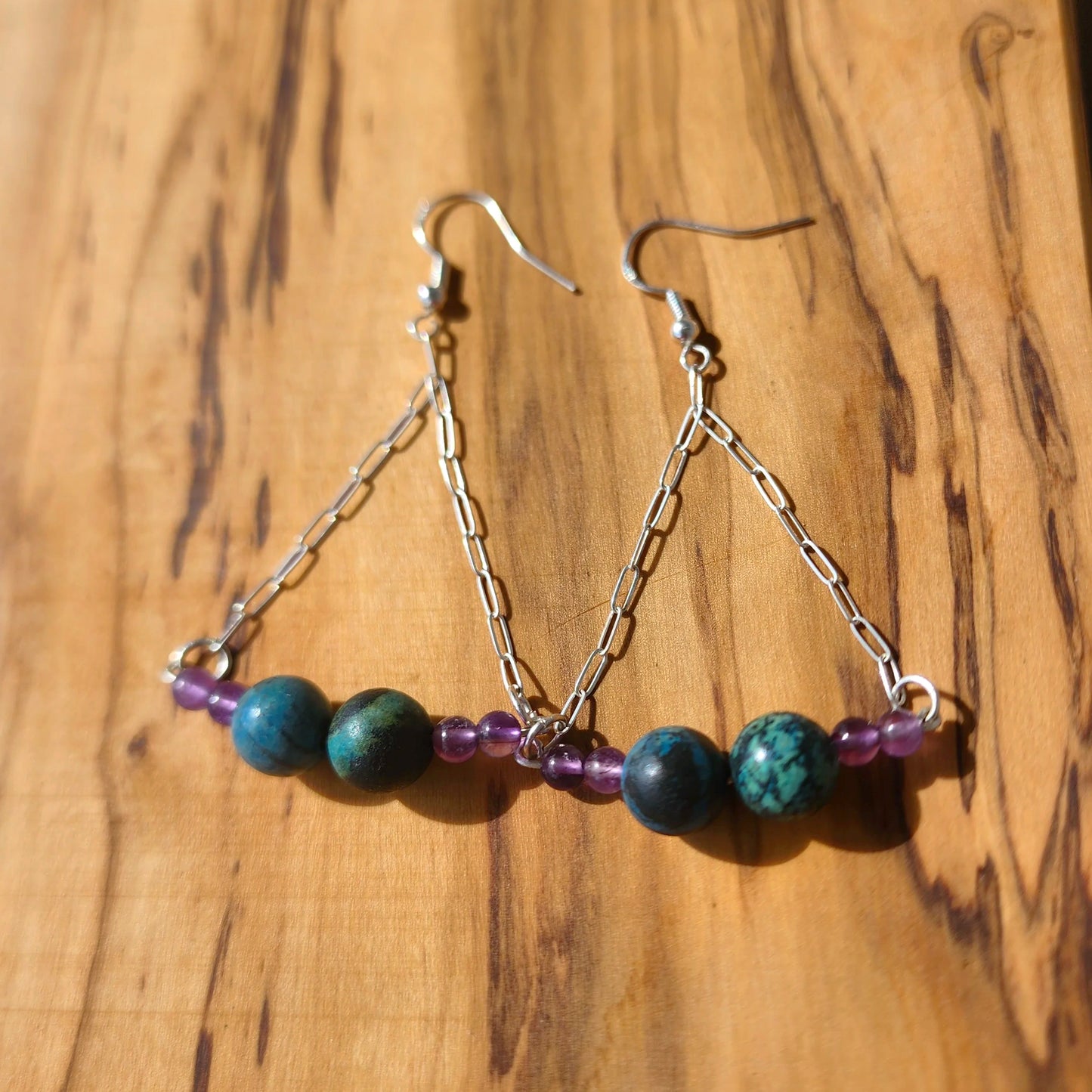 Boho Style Azurite Malachite - Amethyst Earrings - Handmade Jewelry