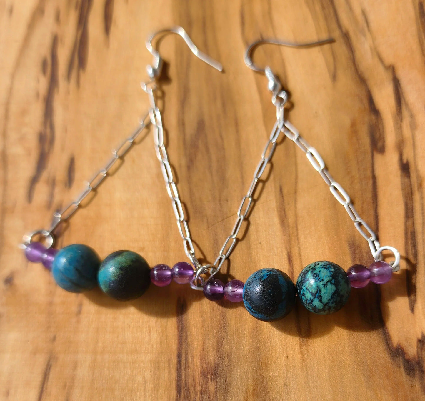 Boho Style Azurite Malachite - Amethyst Earrings - Handmade Jewelry