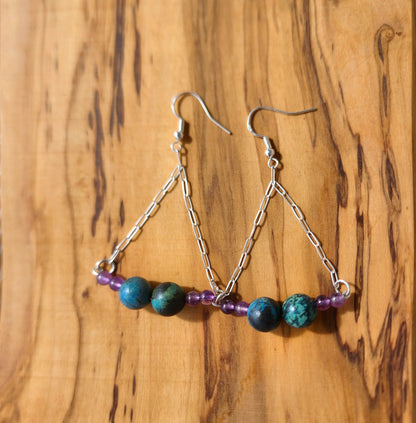 Boho Style Azurite Malachite - Amethyst Earrings - Handmade Jewelry