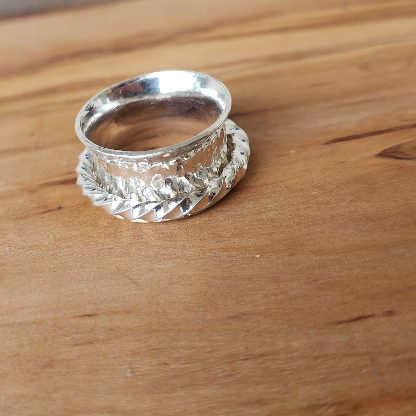 Sterling Silver Handmade Spinner Ring Hammered Style with Twisted Wire Outer Ring