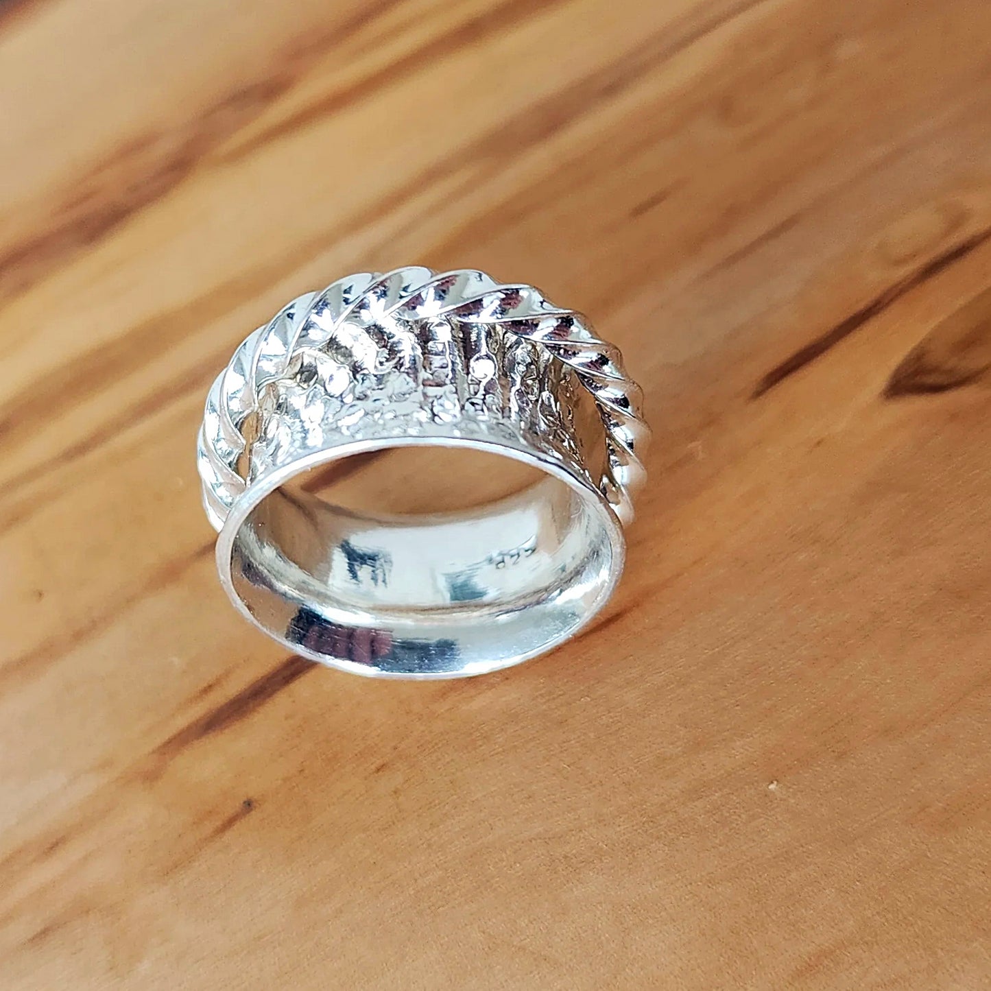 Sterling Silver Handmade Spinner Ring Hammered Style with Twisted Wire Outer Ring