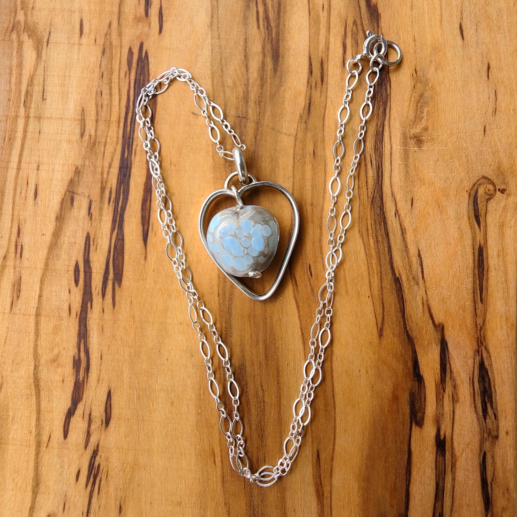 Handmade Heart Pendants Necklace Sterling Silver - Lampwork Ceramic Heart - blue -silver