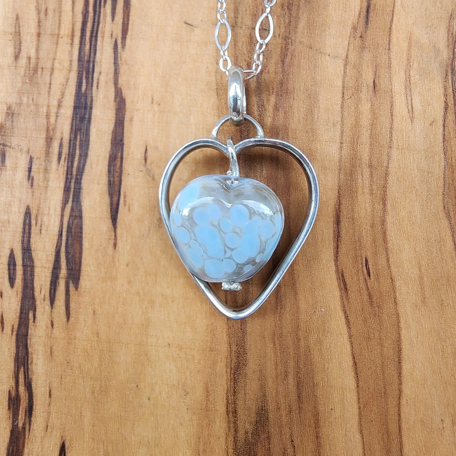 Handmade Heart Pendants Necklace Sterling Silver - Lampwork Ceramic Heart - blue -silver