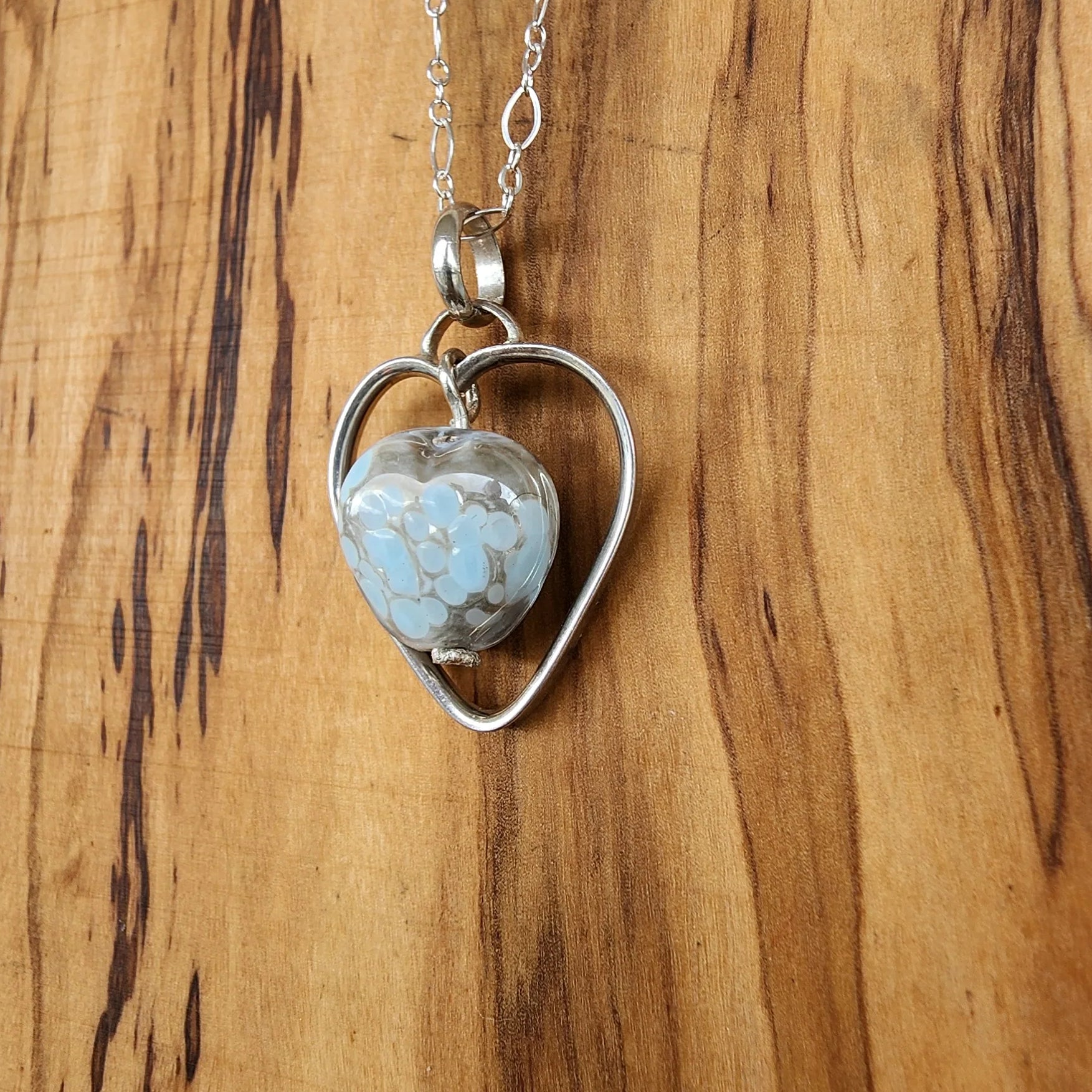 Handmade Heart Pendants Necklace Sterling Silver - Lampwork Ceramic Heart - blue -silver