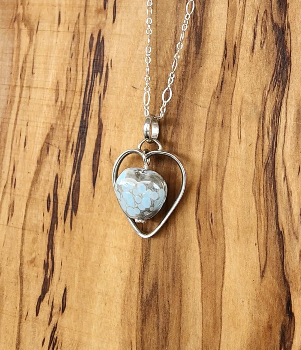 Handmade Heart Pendants Necklace Sterling Silver - Lampwork Ceramic Heart - blue -silver