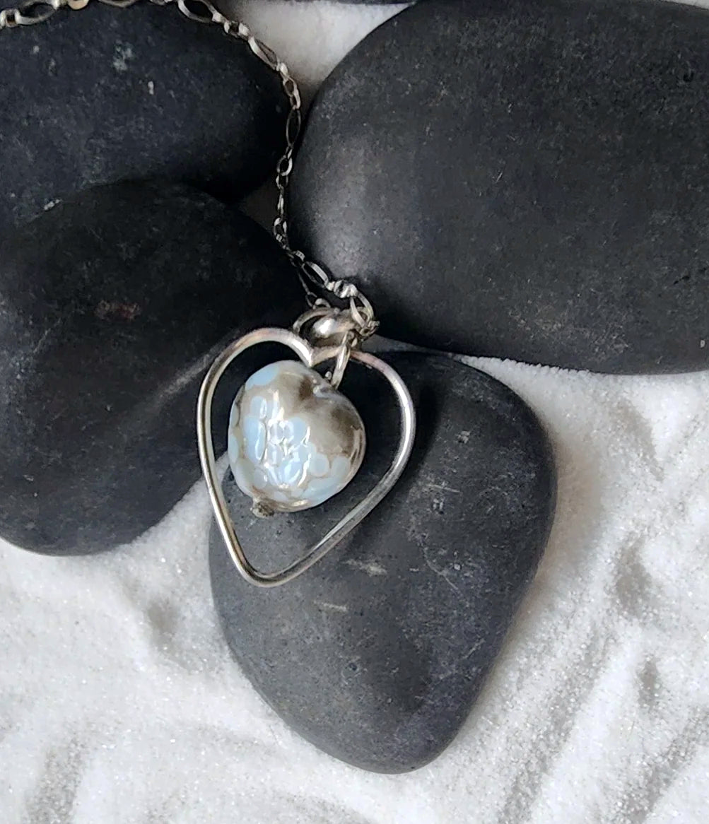 Handmade Heart Pendants Necklace Sterling Silver - Lampwork Ceramic Heart - blue -silver