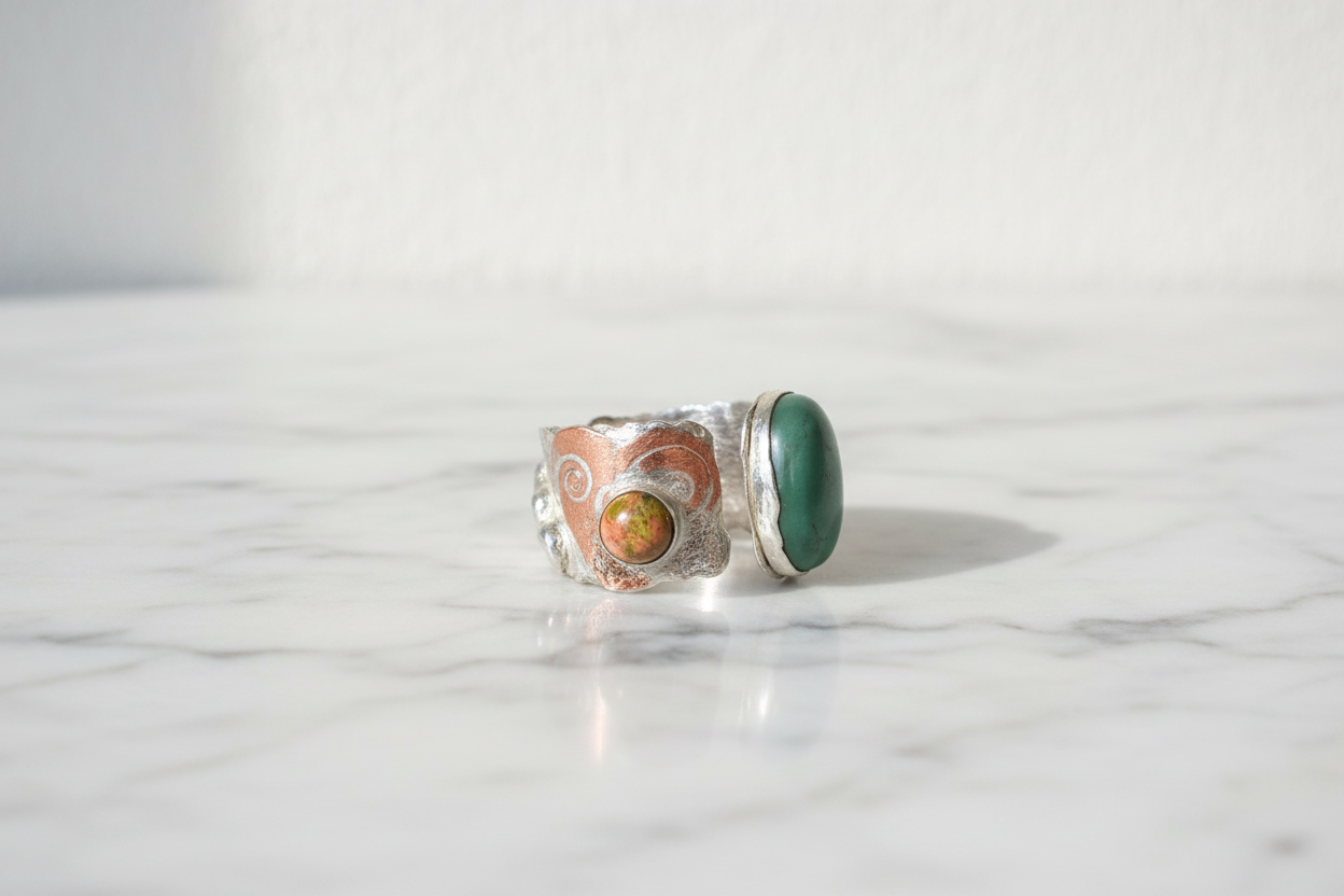 Adjustable Sterling Silver Boho Statement Ring – Aventurine, Unakite & Copper Heart - SoFlo Boho Boutique
