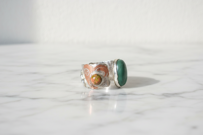 Adjustable Sterling Silver Boho Statement Ring – Aventurine, Unakite & Copper Heart - SoFlo Boho Boutique