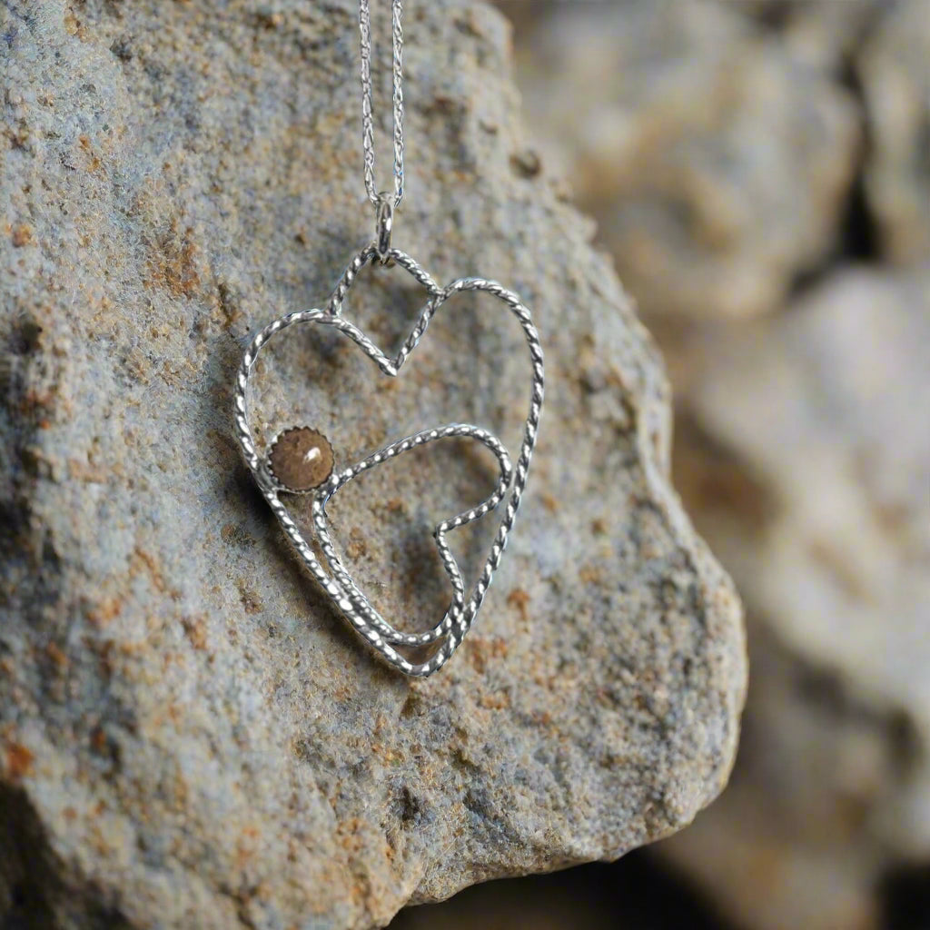 Sterling Silver Handmade Two Heart Pendant with Twisted Wire & Crazy Lace Agate Cabochon