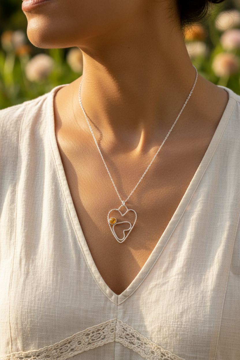 Silver heart pendant with crazy lazy agate cabochon