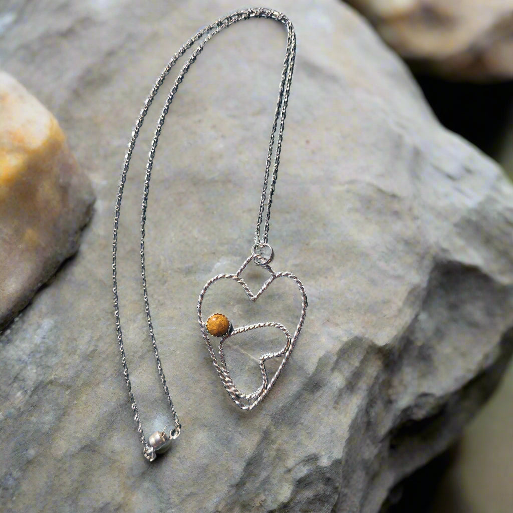 Sterling Silver Handmade Two Heart Pendant with Twisted Wire & Crazy Lace Agate Cabochon