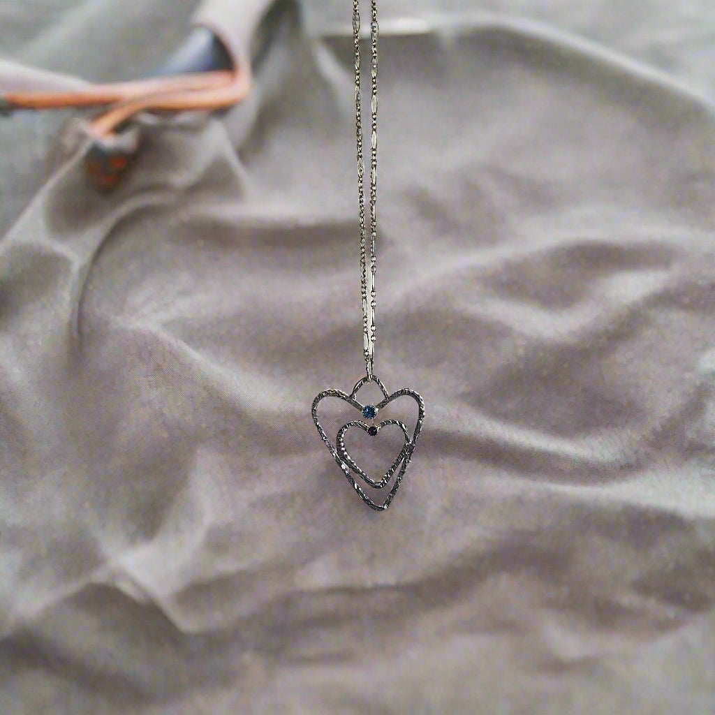 Sterling Silver .925 Handmade Hammered Double Heart Pendant with Swarovski Rhinestones – A Symbol of Love and Connection