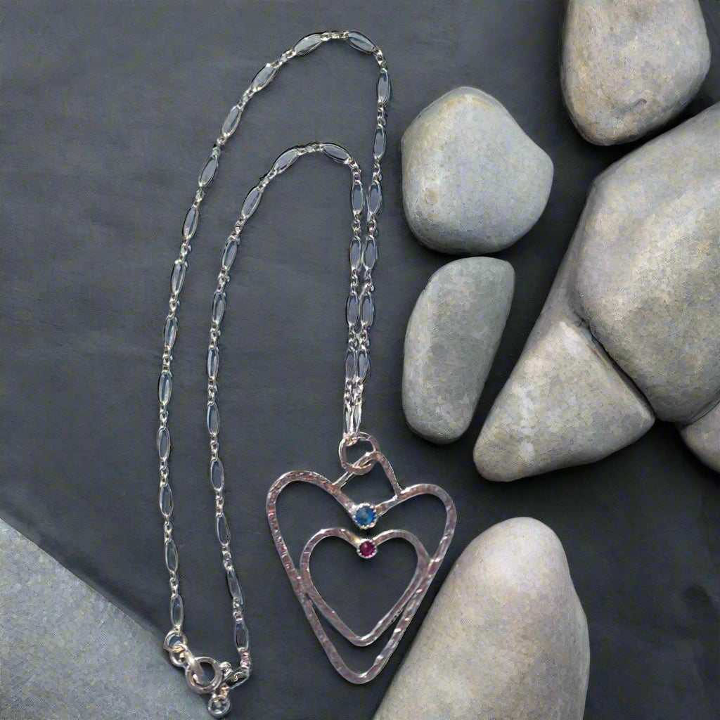 Sterling Silver .925 Handmade Hammered Double Heart Pendant with Swarovski Rhinestones – A Symbol of Love and Connection