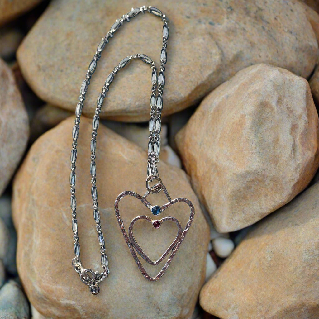 Sterling Silver .925 Handmade Hammered Double Heart Pendant with Swarovski Rhinestones – A Symbol of Love and Connection