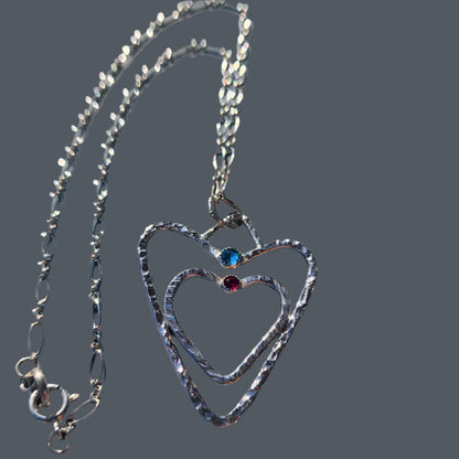 Sterling Silver .925 Handmade Hammered Double Heart Pendant with Swarovski Rhinestones – A Symbol of Love and Connection