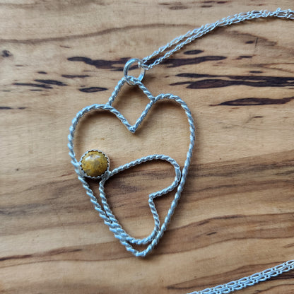 Sterling Silver Handmade Two Heart Pendant with Twisted Wire & Crazy Lace Agate Cabochon