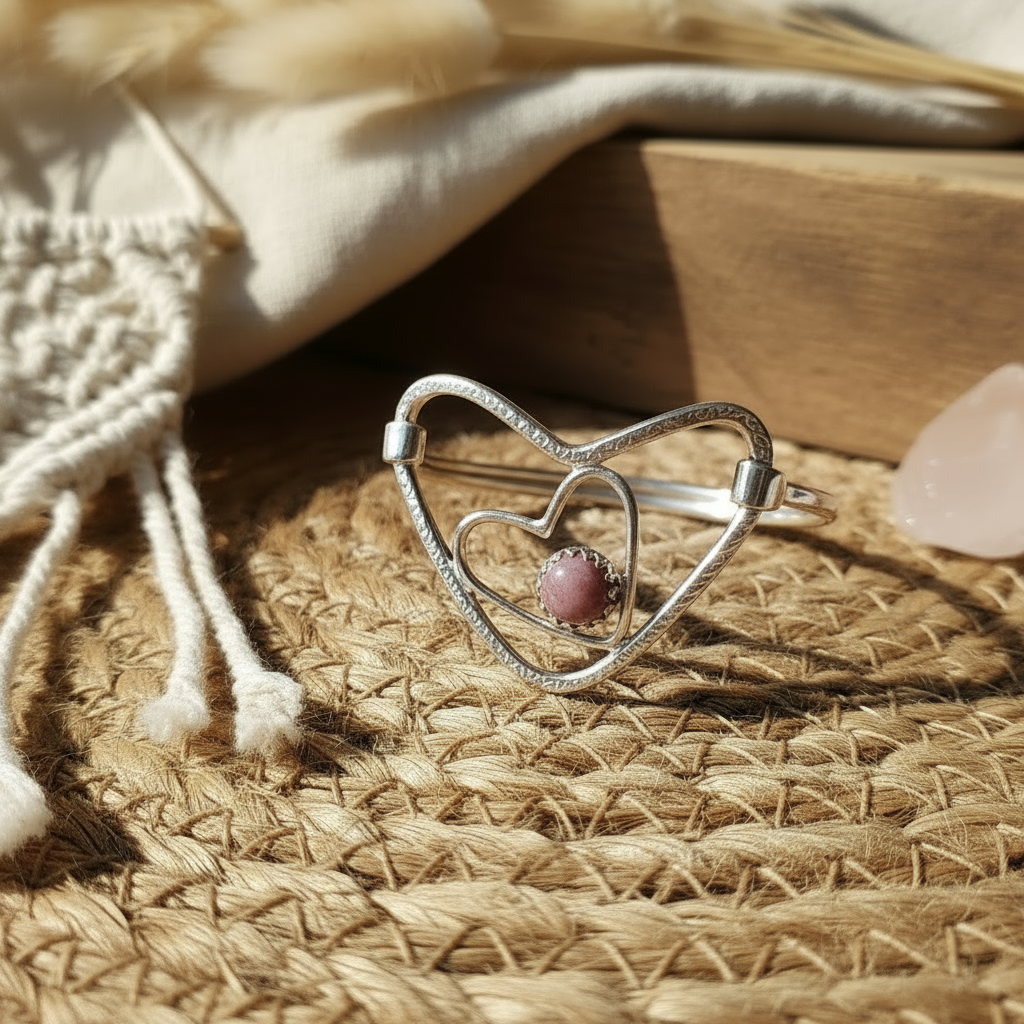 Handmade Sterling Silver Hammered Texture Bracelet with Heart-Shaped Clasp & 10mm Gemstone – Chic Boho - SoFlo Boho Boutique