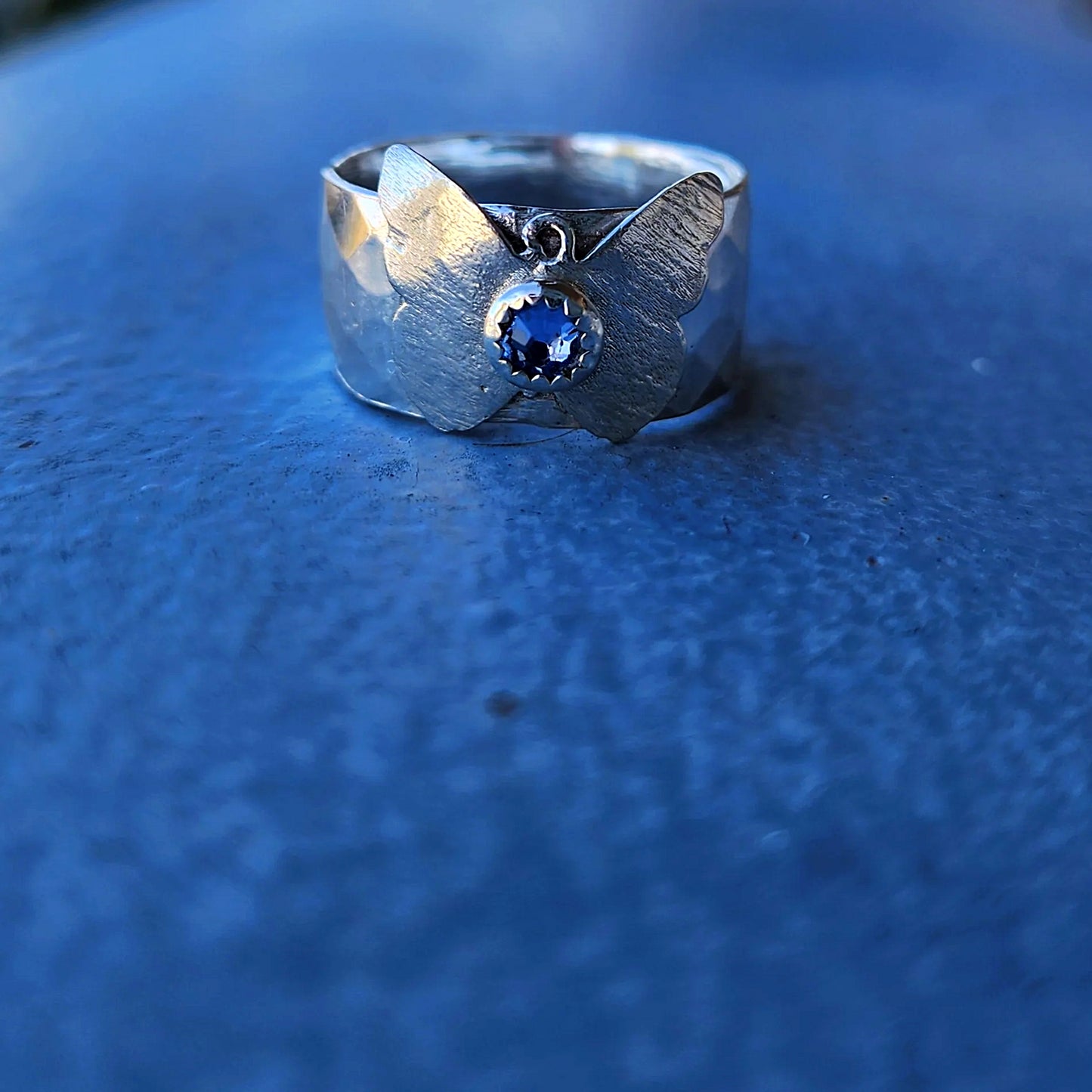 Handcrafted .925 Sterling Silver Boho Statement Ring with Butterfly Charm & Blue Swarovski Rhinestone