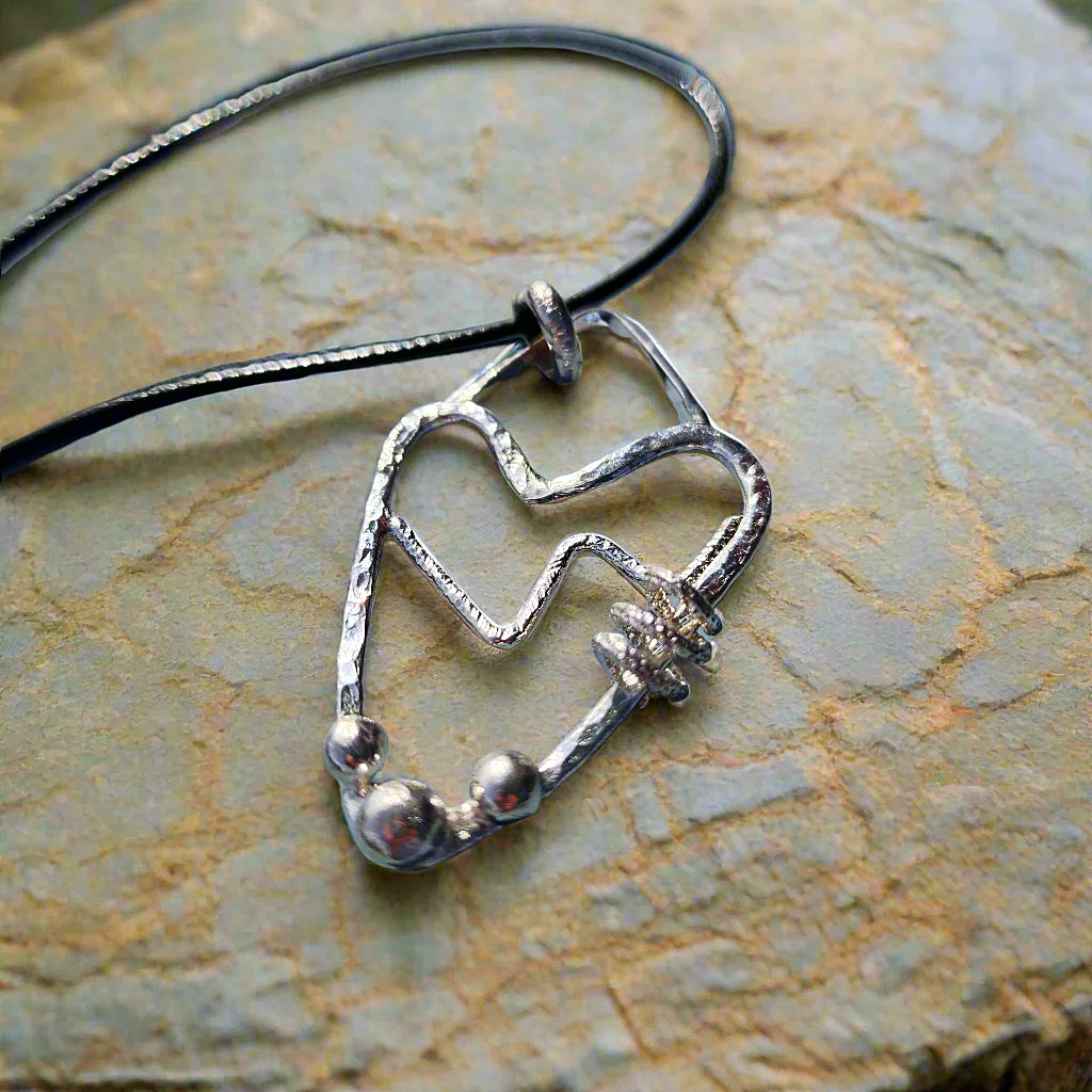 Handmade Sterling Silver Heart Pendant with Pulse Line – Unique, Hammered Texture with Silver Nugget Balls and Spiral Wire Design