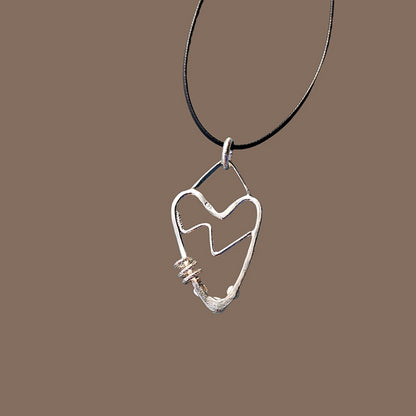 Handmade Sterling Silver Heart Pendant with Pulse Line – Unique, Hammered Texture with Silver Nugget Balls and Spiral Wire Design