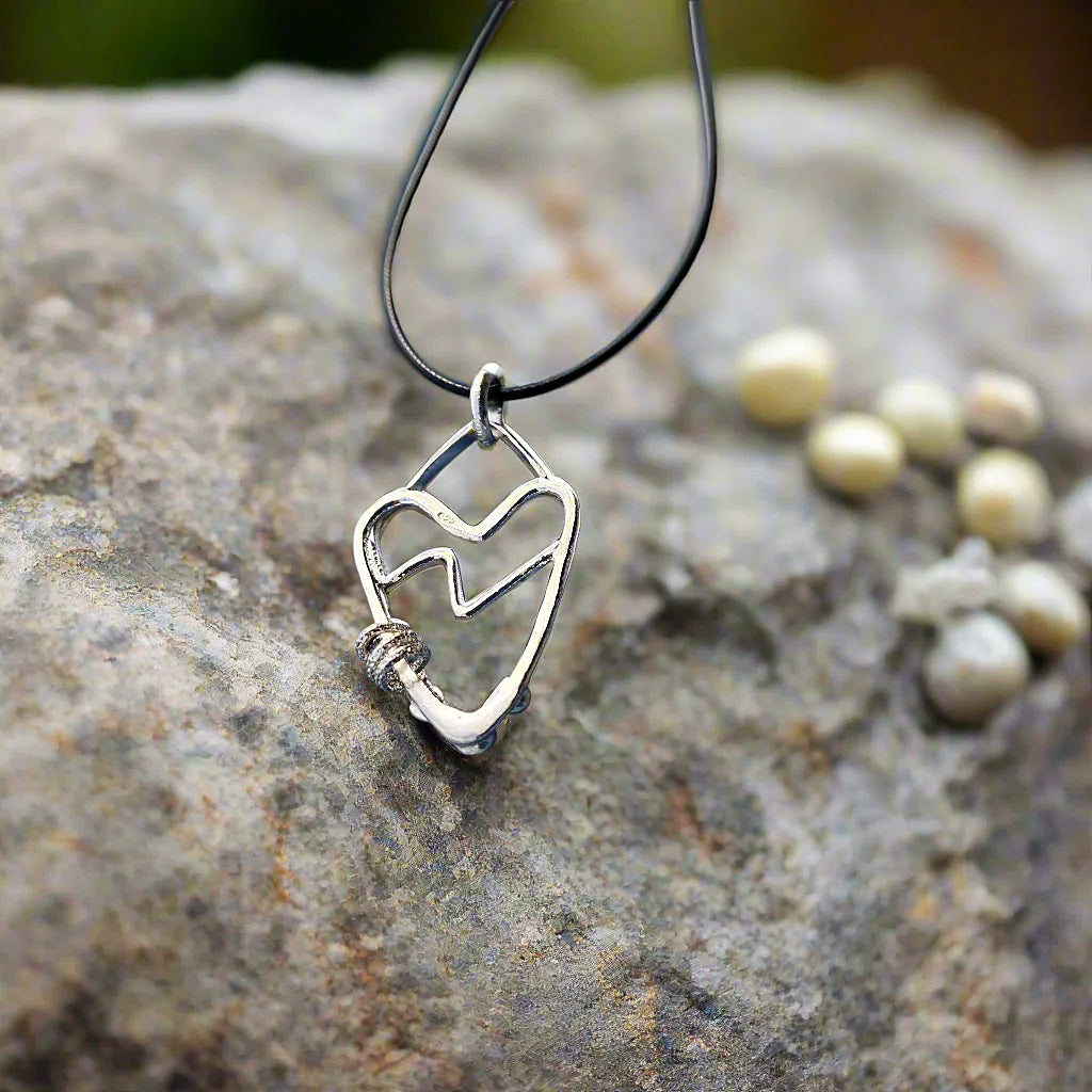 Handmade Sterling Silver Heart Pendant with Pulse Line – Unique, Hammered Texture with Silver Nugget Balls and Spiral Wire Design