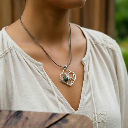Silver heart pendant with green african jade on green faux leather rope